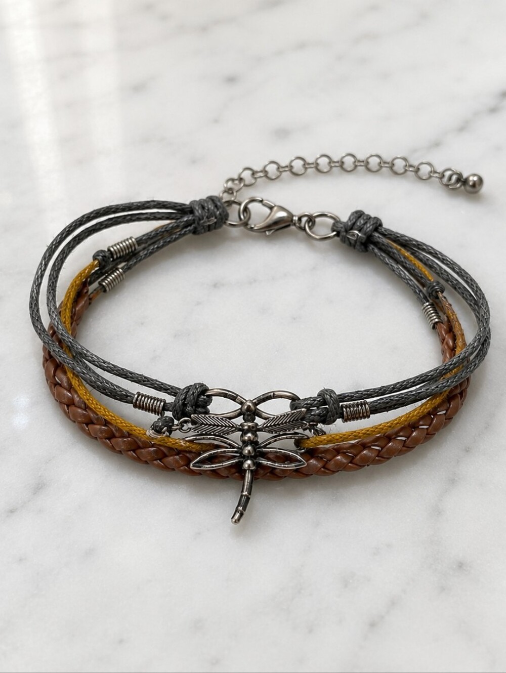 Multi-Strand Dragonfly & Infinity Bracelet - Gray, Brown, Mustard